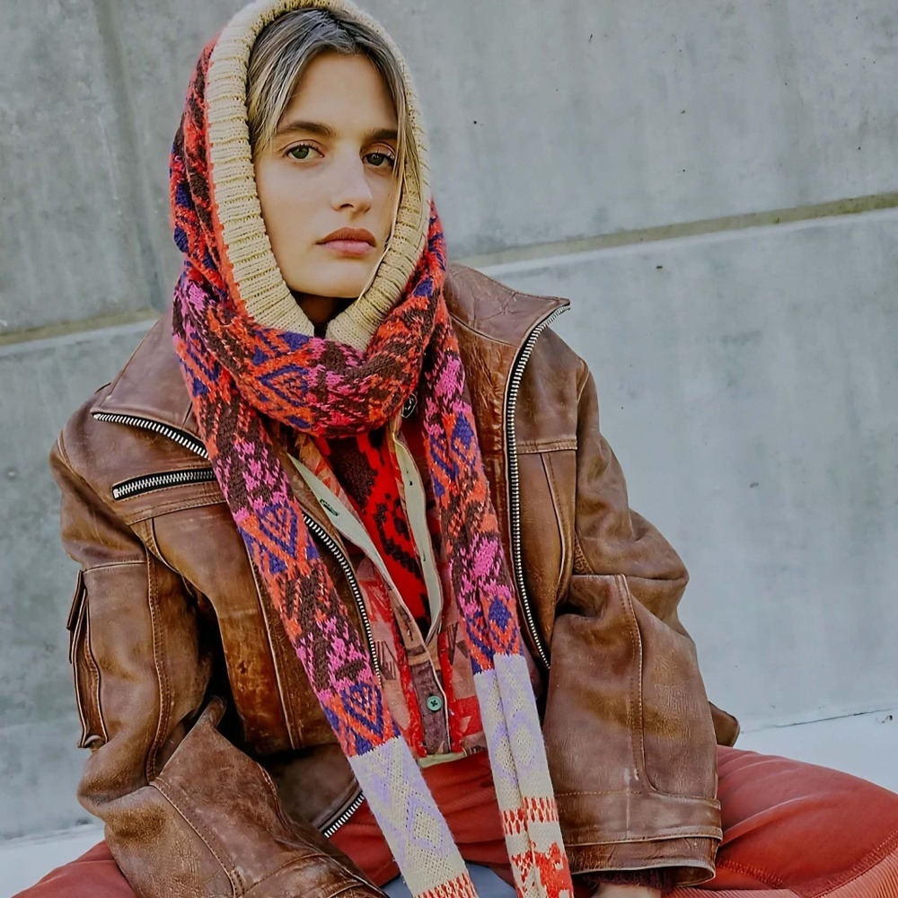 Free People Cabbie Fairisle Geometric Boho Euro Scandi Girl Hippie Hooded Scarf - Picture 2 of 9